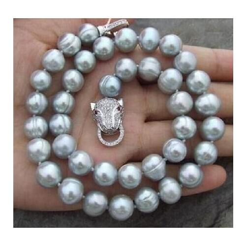 NEW AAA+ 10-11MM South Sea Gray Baroque Pearl Necklace 18“ Leopard head buckle