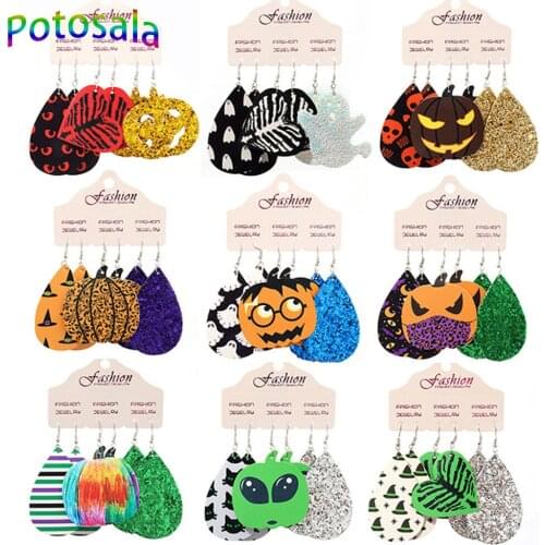 Potosala 3pcs/Set Halloween PU Leather Water Drop Earrings Pumpkin Alien Funny Women Earrings Fashion Charming Jewelry Gifts