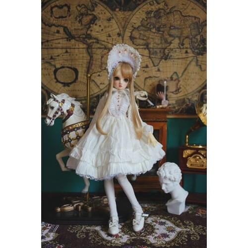 BJD doll dress 3 points 4 points 6 points giant baby white with hat retro Lolita dress doll lace dress doll clothing accessories