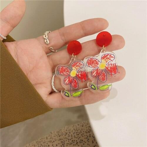 U-Magical Charming Red Color Resin Flower Dangle Earrings for Women Transparent Arcylic Cartoon Printed Floral Earrings Jwellery