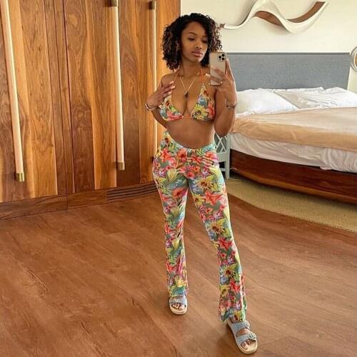 Halter Crop-Top Silk Tulle Bell-Bottoms New Summer Women 2021 Fashion Sexy Printing Camisole Vest Casual Long Pants Trousers