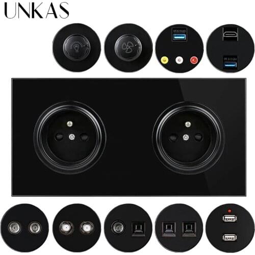 UNKAS Dual French Socket+ HDMI-Compatible USB LED TV RJ11 Telephone RJ45 Internet Dimmer Fan Regulator Switch Glass Panel Outlet