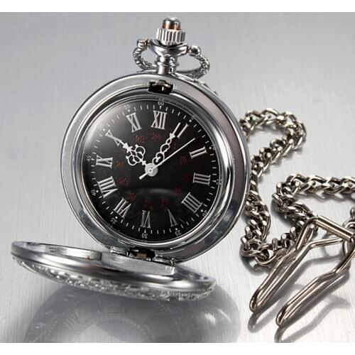 Vintage Hollow Pendant Pocket Watch Roman Numerals Black Dial Quartz Pocket Watch Men Women Silver Color Watch Pendant Necklace
