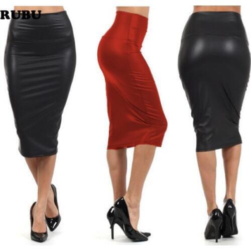 Free ship PU Leather Bodycon Woman Skirts 2017 Female Sexy Clothing Autumn Winter Punk High Street Stylish Black mid-calf Skirt