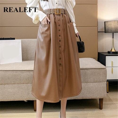 REALEFT 2021 New Winter Womens PU Leather Skirts With Belt Elegant Single Breasted High Waist Pockets Lady A-Line Skirt Female