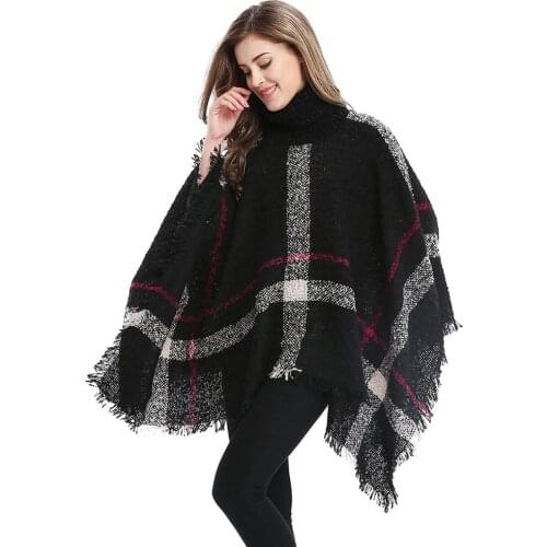 2017 Autumn and Winter Women Fashion Warm Wool Knit Plaid Turtleneck Sleeveless Pullovers Cardigan Sweater Poncho Plus Size
