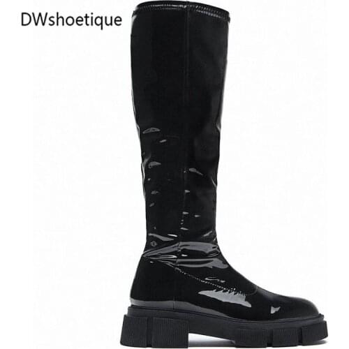 Pointed patent stretch boots zipper platform chunky heel cool women knee boots