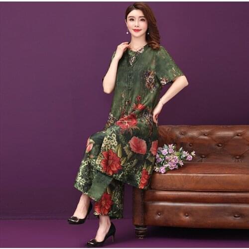 Plus Size 4XL 5XL Women Set Silk Ethnic Elegant Floral Printed Long Tops + Wide Leg Pants 2 Pieces Suit Green Costume Tracksuit