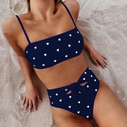 Womens Split Solid Color Sexy Halter Top Swimsuit Bikini Two Pieces Thin Shoulder Strap Hight Waist Bikini