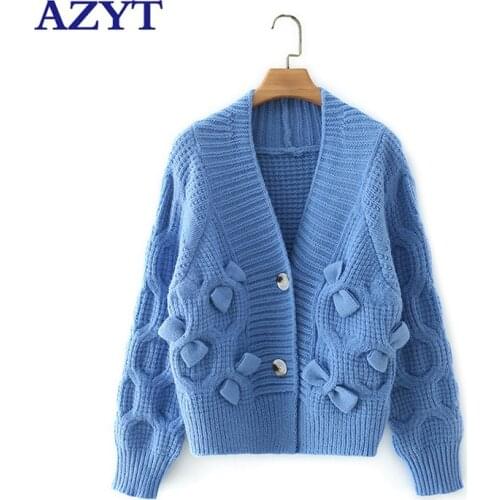 AZYT Autumn Winter Sweater Cardigan Female High Quality Soft knit Cardigan Femme Tops Chic Bow Solid Sweater Womens Jacket 2021