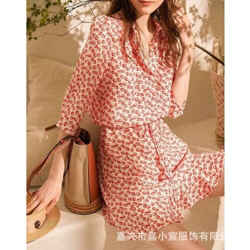 21 summer new French fresh sweet silk print medium sleeve dress Pearl Satin slim belt skirt