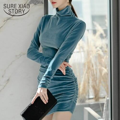 Spring New Vintage Mini Dress Women Sheath Bodycon Long Sleeve Female Dress Turtleneck Velvet Sexy Ladies Dresses Vestidos 12706