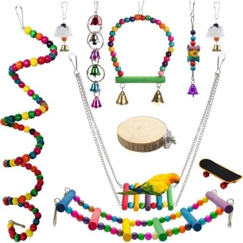 10Packs Bird Swing Chewing Toys Mineral Stone Parrot Hammock Bell Toys Cage Perch with Wood Beads Hamster Plarform for Small Par