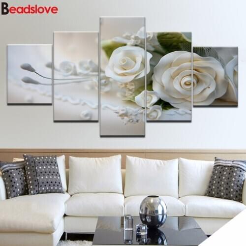White rose diamond painting 5 Pieces full square round drill embroidery rhinestone of picture 5d diy mosaic diamond