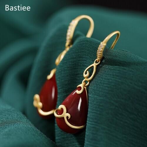 Bastiee Water Drop Earrings For Women Vintage Silver 925 Jewelry Korean Earrings Red Agate Dangle Earrings Silver Earrings