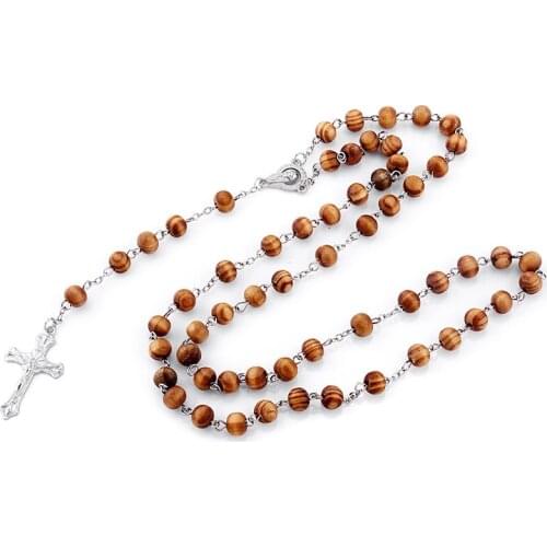 New Fashion Personality Wood Beads Chain Cross Pendant Necklace for Women Men Jewelry Gifts