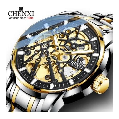 CHENXI 8812 New Mesh Hollow Automatic Mechanical Mens Watches Waterproof Steel Band Luminous Business Wristwatch Clock Male