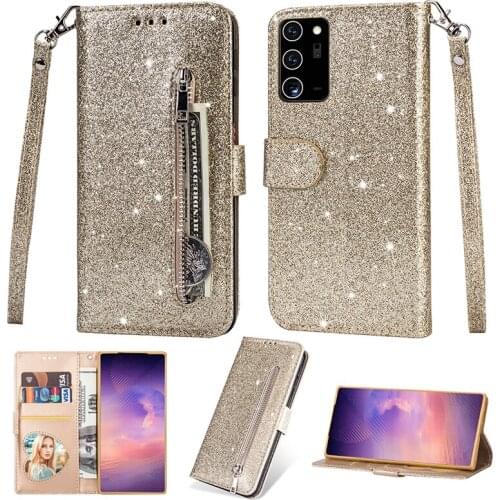 Bling Glitter Flip Leather Case For Samsung Galaxy Note 20 Zipper Wallet Case For Samsung Note 20 Ultra Case With Strap