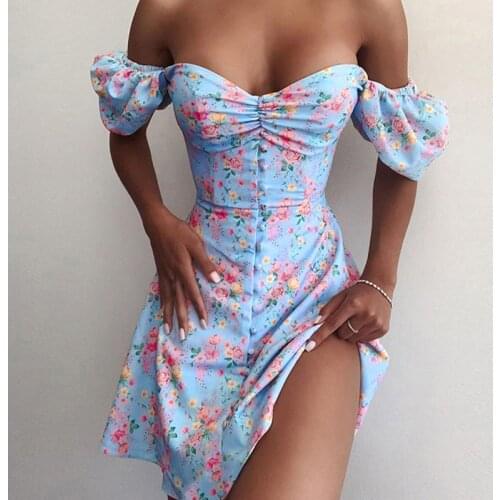 Floral Print Buttoned Mini Dress Women Ruffles Puff Sleeve Sexy Heart Neck Pullove Summer Dresses Off Shoulder Pencil Dress 2021