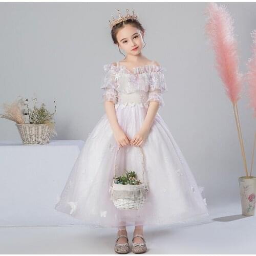 Flower Girl Dresses Illusion Boat Neck Short Embroidery Spaghetti Straps Floor-Length Princess Tulle Lace Kids Party Gown H657