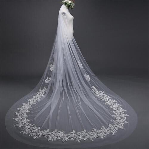 2020 New Wedding Veils Cathedral Length Bridal Veils Appliques Lace Edge Appliqued 3m Long Wedding Veil Customized