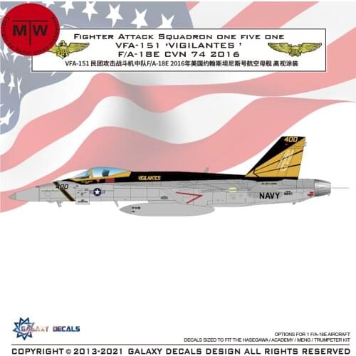 Galaxy G48041/G72031 1/48 1/72 Scale Fighter Attack Squadron VFA-151 Vigilantes F/A-18E CVN 74 2016 Model Decal