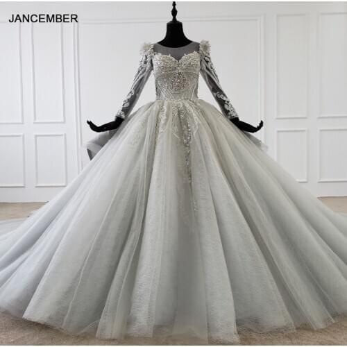 HTL1098 luxury wedding dress grey o neck lace up back long sleeve wedding gown plus size formal dresses vestidos de novia 2020