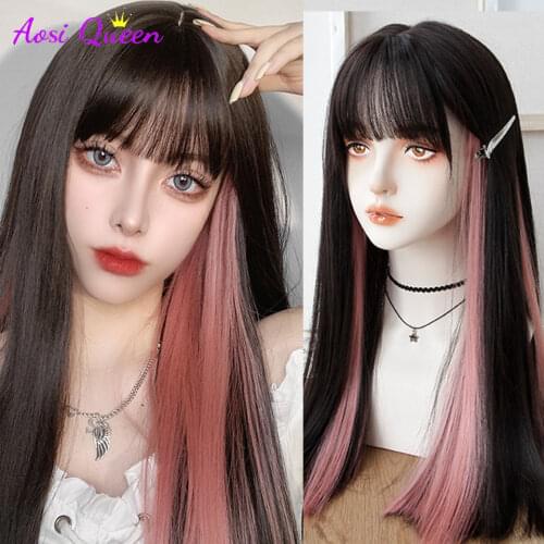Long Wave Curly Wig With Bangs For Women Ombre Purple Heat Resistant Synthetic Hair Christmas Cosplay Wig Lolita Wigs