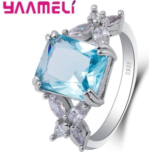 Costume Jewelry Rings for Women 925 Sterling Silver Color Wedding Ring Rectangle Sky Blue Zircon Ringen Jewellery