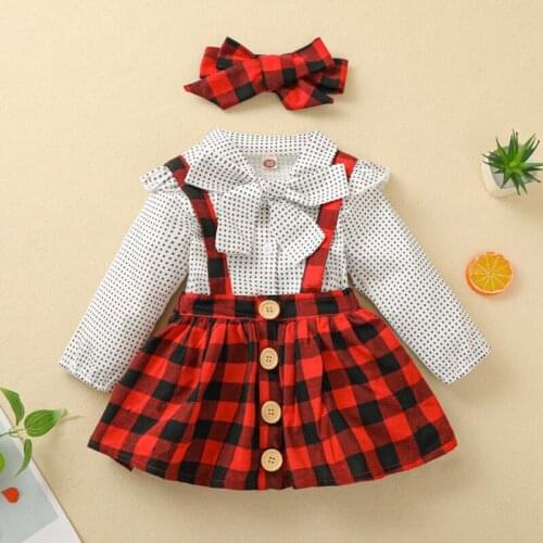 Baby Girls Three-piece Clothes Set, Long Sleeve Blouse and Plaid Printed Pattern Suspender Skirt and Headdress Spring Autumn