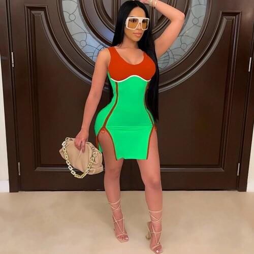 Contrast Color Patchwork Sexy Bandage Dress Women Double Side Zipper Up Split Sheath Dress High Street Body-shaping Vestidos
