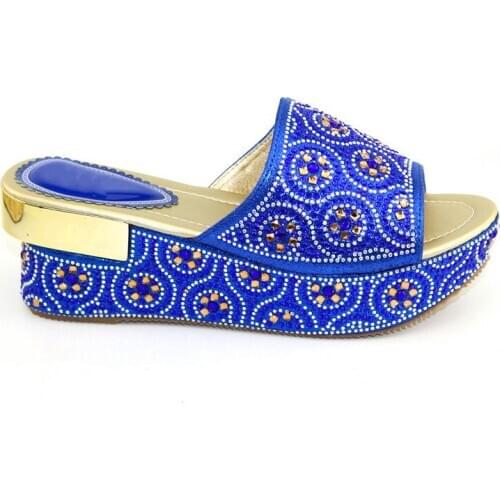 Beautiful blue women high heel platform shoes boat style with rhinestone crystal african pumps for dress CR2112,heel 6.8CM