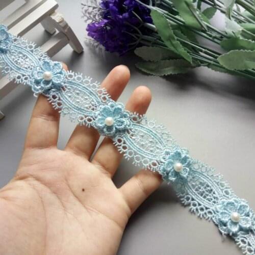 1 yard Blue Soluble Pearl Flower Embroidered Lace Trim Ribbon Fabric Handmade DIY For Costume Sewing Supplies Craft Decoration