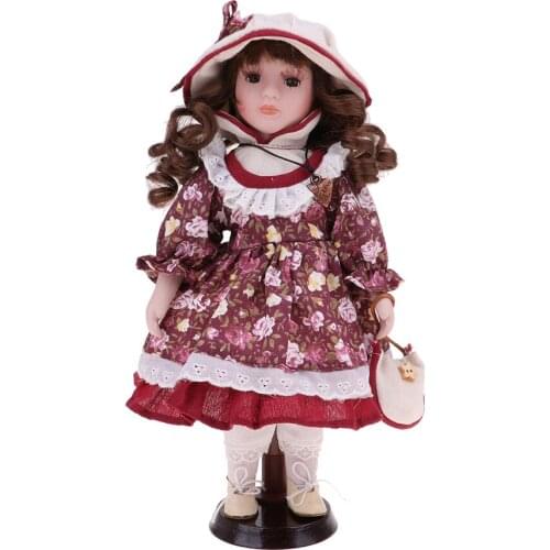 30cm Porcelain Doll Victorian Girl Standing Figures with Wooden Stand Kids Adult Collections Porcelain Dolls Collectible