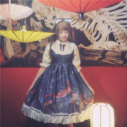 Chinese style sweet lolita dress vintage stand bowknot puff sleeve cute printing fake two pieces victorian dress kawaii girl op