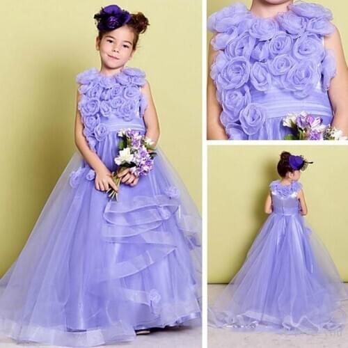 Lovely purple A-Line Satin and Tulle Jewel Flower Girls' Dresses Waist Flowers Floor Length Girls' Birthday Party Gown Custom