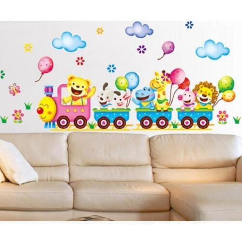 Cartoon animal train balloon childrens room kindergarten decoration wall stickers background wall stickers