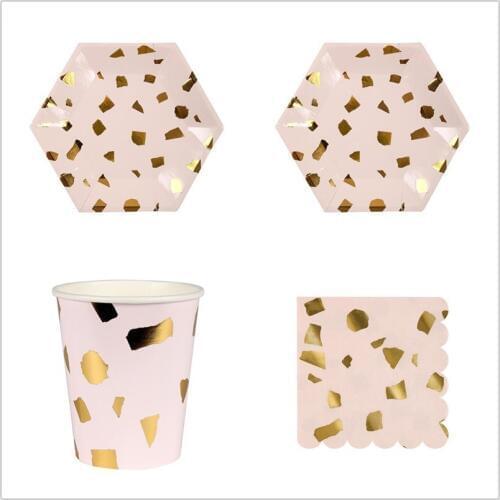 Pink Foil Gold Disposable Tableware Sets Party Paper Plates Cups Napkins Birthday Baptism Party Wedding Bride Decor Favour