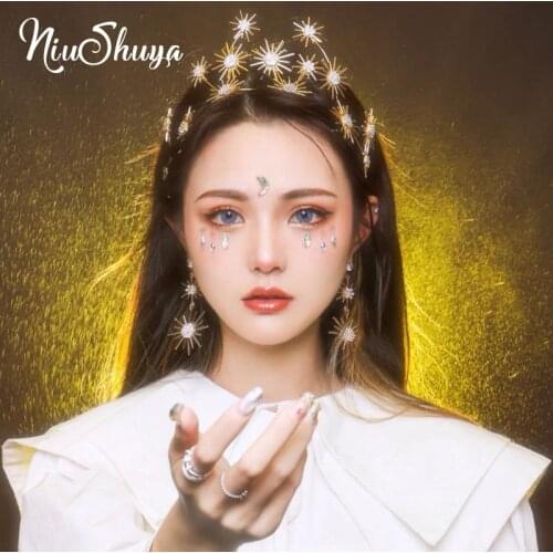 NiuShuya Gold Vintage Baroque Crystal Star Soft Chain Headband Rhinestone Bridal Crown Hairband For Women Wedding Hair Jewelry