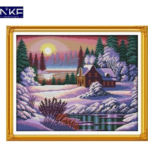 NKF Dusk snow-covered landscape scenery style modern designs Christmas counted cross stitch patterns for home decoration