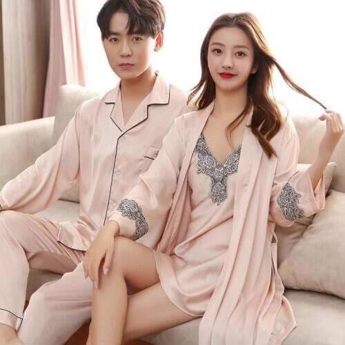 New Couple Sleepwear Silk Satin Pajamas Set Long and Short Button-Down Pyjamas Suit Pijama Women Men Loungewear Plus Size Pj Set
