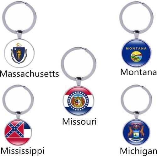 US Map State Flag New Pendant Massachusetts, Montana, Missouri, Mississippi, Michigan State Flag Keychain