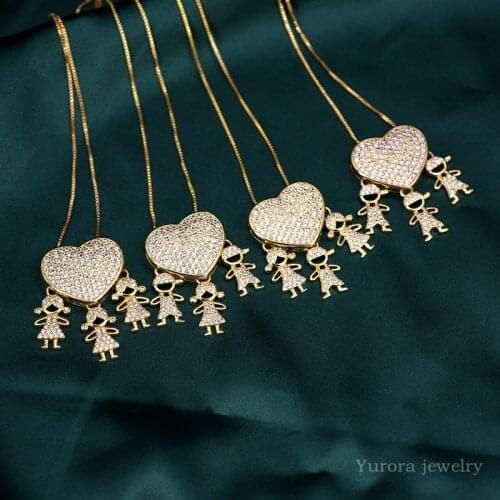 Luxury Love Heart Three Boy Girl Pendant Necklace Gold/Silver Color Cubic Zirconia Cute Kids Family Necklace Women party Jewelry