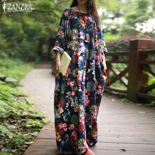 ZANZEA Women Maxi Long Dress 2021 Vintage Floral Print Dresses Long Sleeve Pockets Casual Loose Vestidos Plus Size Bohemian Robe