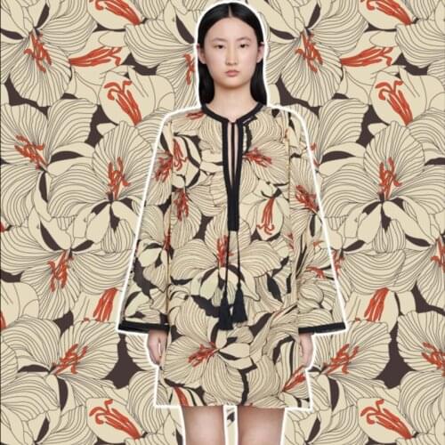 Polyester stretch satin fabric European brand G series large floral pattern digital printing skirt shirt sewing fabric