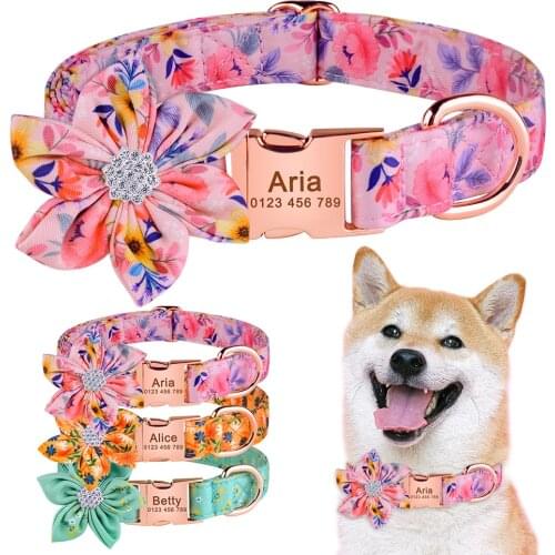 Adjustable Nylon Engraved Dog Collar Custom Pet Products Small Medium Large Pet Collar Dog Supplies Print Flower Nylon Collar