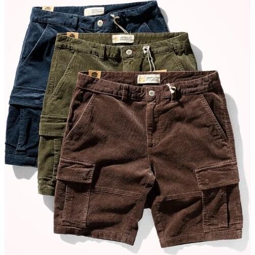 116# 2021 Summer New Corduroy Tooling Shorts Mens American Retro Multi Pocket Straight Comfortable Elastic Casual 5-Point Pants