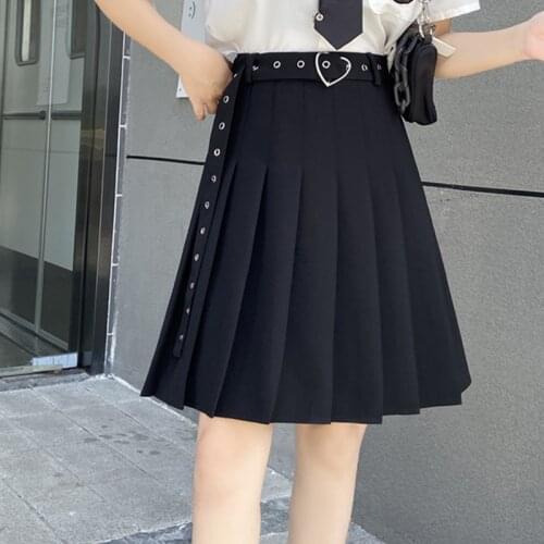 2021Summer Womens Punk Mini Skirt Gothic High Waist Heart Buckle Belt Pleated Skirt Harajuku Large size Schoolgirl Skirts