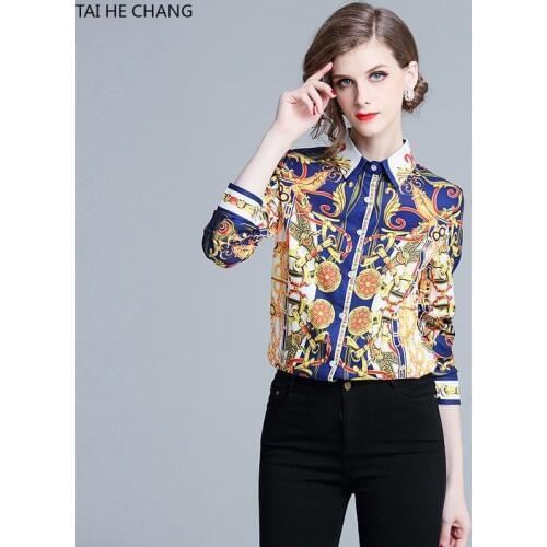 2019 New Fashion High Quality Women Clothing Tops Blouses & Shirts Casual Print Long Sleeve Vintage Slim Shirt