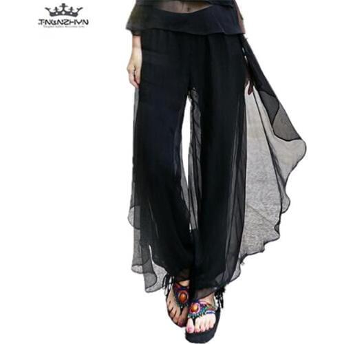 Tnlnzhyn 2019 Spring Summer Women Wide leg pants Women Elastic High waist Chiffon Skirts Pants Loose Casual long Trousers A26